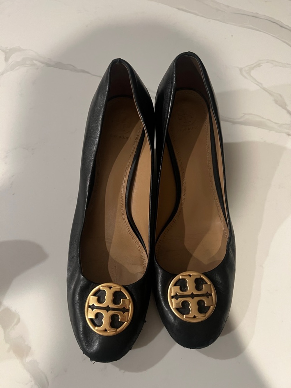 Tory Burch Black Leather Ballet Flats with Gold Logo Medallion Size 11